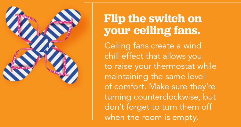 Flip the switch on those ceiling fans. Ceiling fans create a wind chill effect that allows you to raise your thermostat while maintaining the same level of comfort. Make sure they're turning counter clockwise, but don't forget to turn them off when the room is empty.
